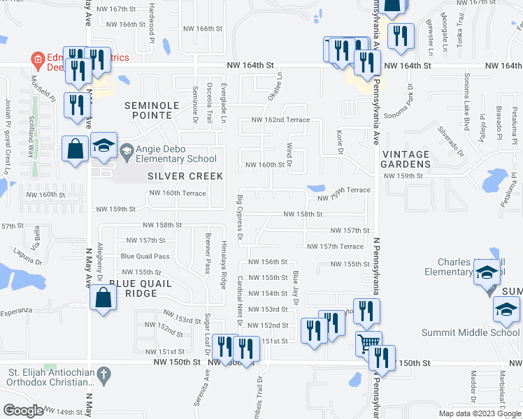 map of restaurants, bars, coffee shops, grocery stores, and more near 2409 Northwest 158th Street in Edmond