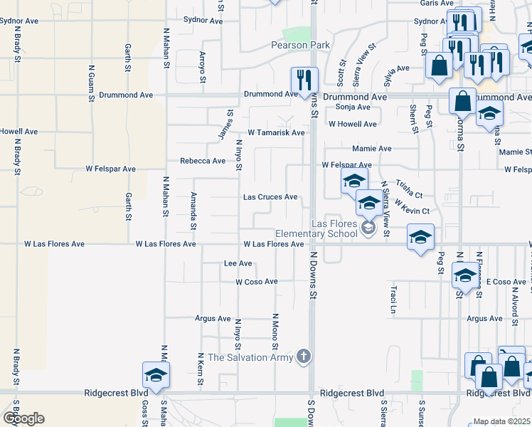 map of restaurants, bars, coffee shops, grocery stores, and more near 543 North El Prado Drive in Ridgecrest
