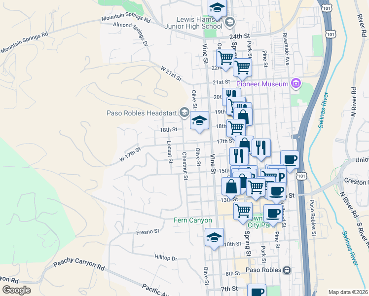 map of restaurants, bars, coffee shops, grocery stores, and more near 1619 Olive Street in Paso Robles