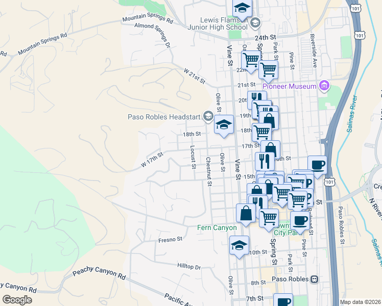 map of restaurants, bars, coffee shops, grocery stores, and more near 144 17th Street in Paso Robles