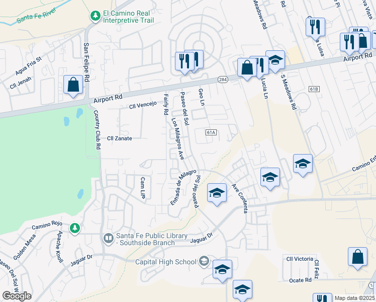 map of restaurants, bars, coffee shops, grocery stores, and more near 4033 Los Milagros in Santa Fe