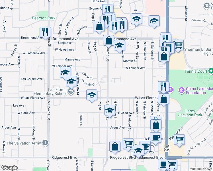 map of restaurants, bars, coffee shops, grocery stores, and more near 571 North Norma Street in Ridgecrest
