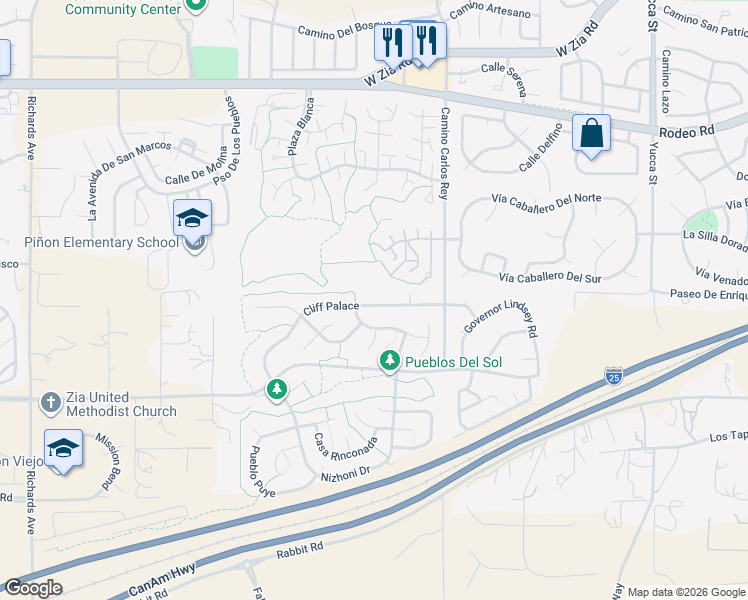 map of restaurants, bars, coffee shops, grocery stores, and more near 2857 Cliff Palace in Santa Fe