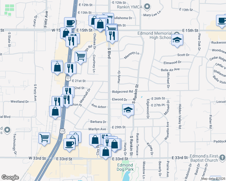 map of restaurants, bars, coffee shops, grocery stores, and more near 204 Ridgecrest Road in Edmond
