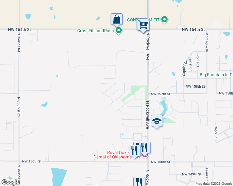 map of restaurants, bars, coffee shops, grocery stores, and more near 15801 Langley Way in Edmond