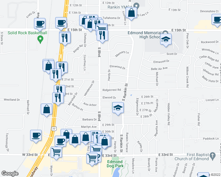 map of restaurants, bars, coffee shops, grocery stores, and more near 2112 Hardy Drive in Edmond