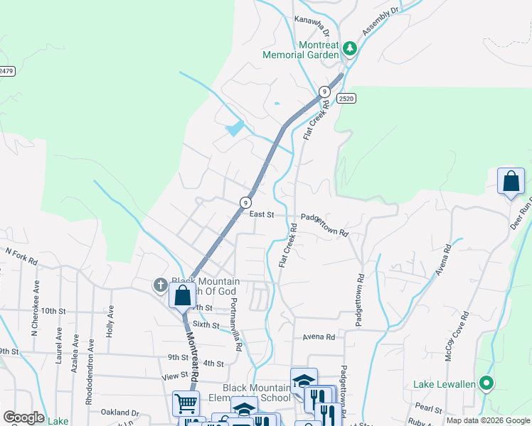 map of restaurants, bars, coffee shops, grocery stores, and more near 114 East Street in Black Mountain