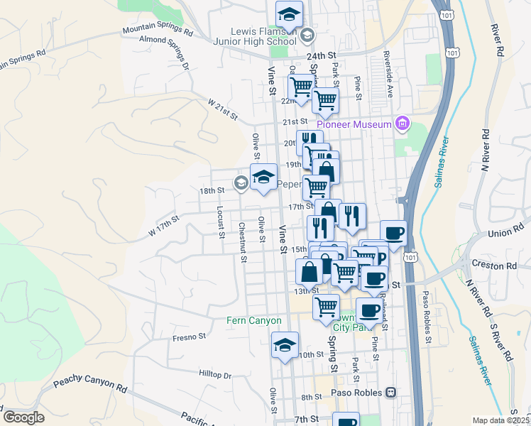 map of restaurants, bars, coffee shops, grocery stores, and more near 422 17th Street in Paso Robles