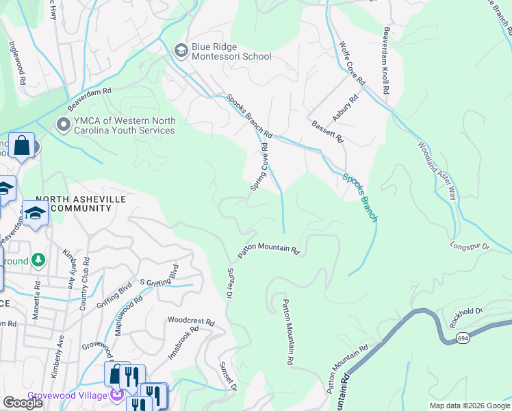 map of restaurants, bars, coffee shops, grocery stores, and more near 99999 Wolfebridge Lane in Asheville