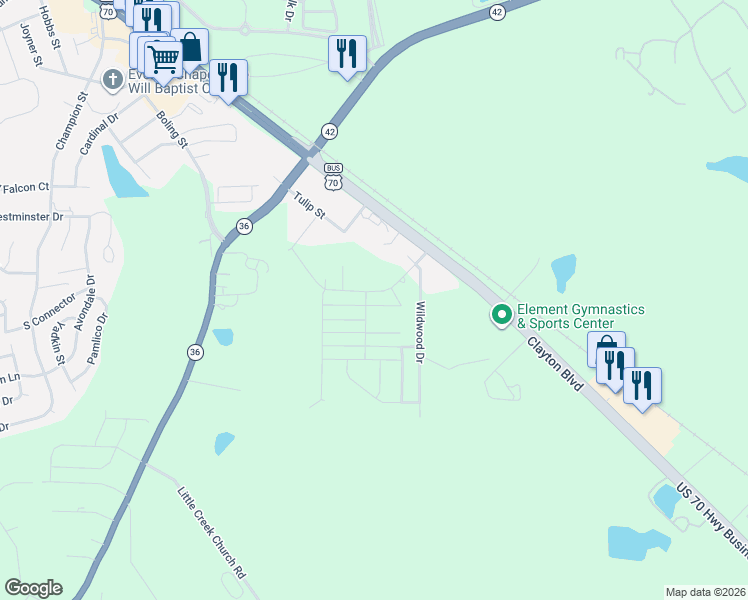 map of restaurants, bars, coffee shops, grocery stores, and more near 720-758 Wildwood Drive in Clayton