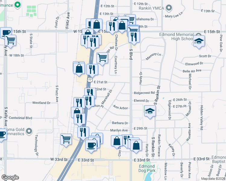 map of restaurants, bars, coffee shops, grocery stores, and more near 2213 Henderson Drive in Edmond