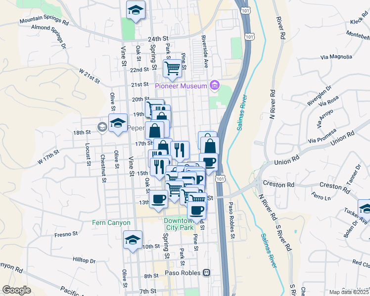 map of restaurants, bars, coffee shops, grocery stores, and more near 829 16th Street in Paso Robles