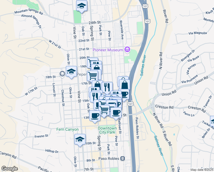 map of restaurants, bars, coffee shops, grocery stores, and more near 829 16th Street in Paso Robles