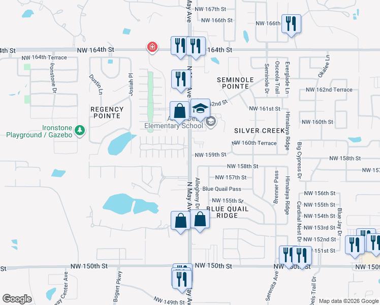 map of restaurants, bars, coffee shops, grocery stores, and more near 16060 North May Avenue in Edmond