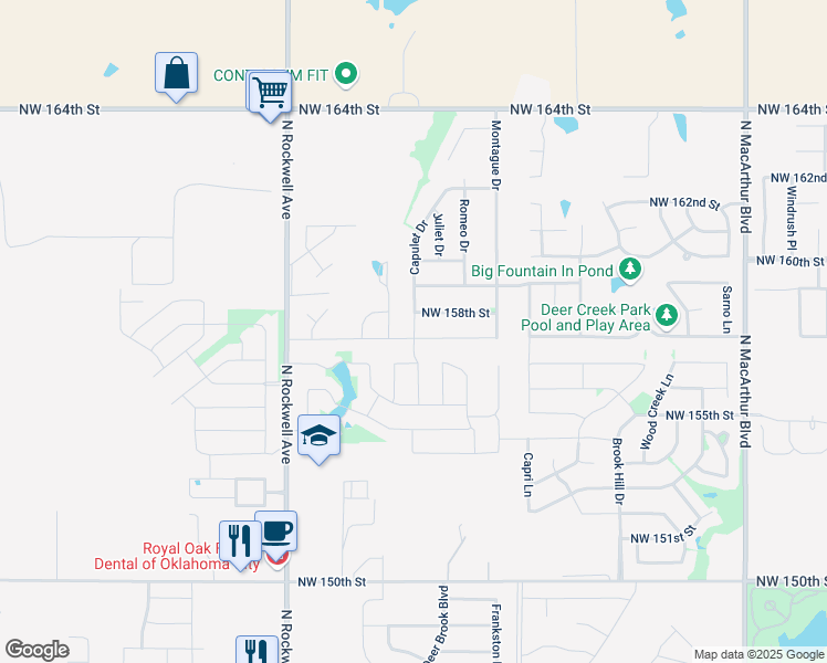 map of restaurants, bars, coffee shops, grocery stores, and more near 15705 Capulet Drive in Edmond