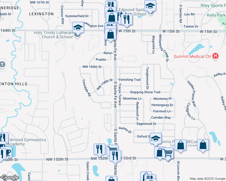map of restaurants, bars, coffee shops, grocery stores, and more near 15804 Darlington Court in Edmond