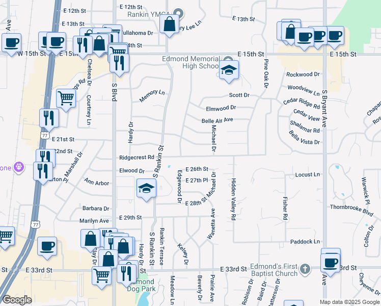 map of restaurants, bars, coffee shops, grocery stores, and more near 620 Ridgecrest Road in Edmond