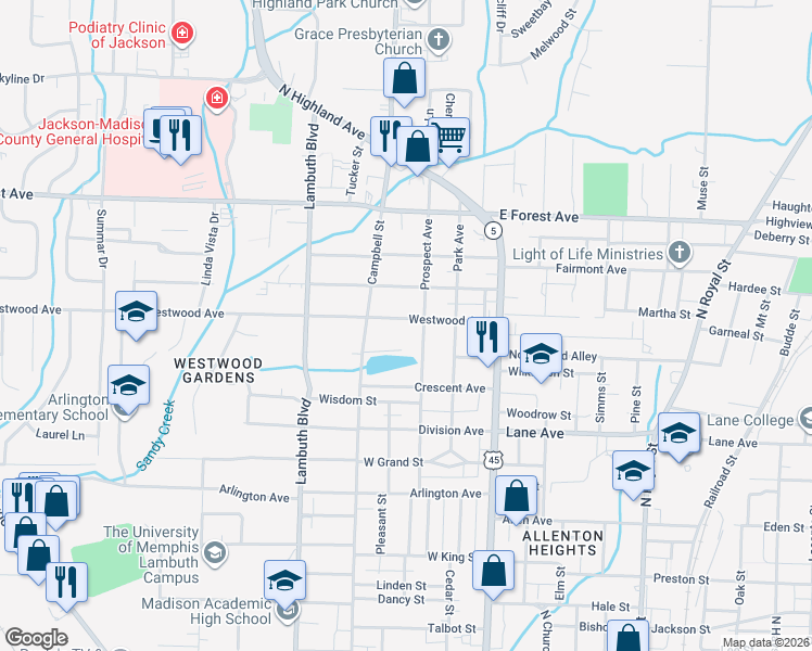 map of restaurants, bars, coffee shops, grocery stores, and more near 314 Westwood Avenue in Jackson