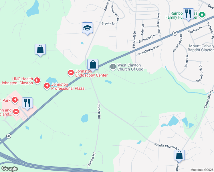 map of restaurants, bars, coffee shops, grocery stores, and more near 2017 Amelia Church Road in Clayton