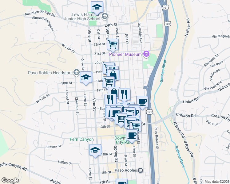 map of restaurants, bars, coffee shops, grocery stores, and more near 1602 Spring Street in Paso Robles