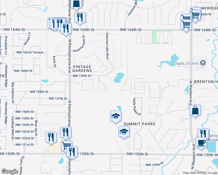 map of restaurants, bars, coffee shops, grocery stores, and more near 15808 San Nicholas Drive in Edmond