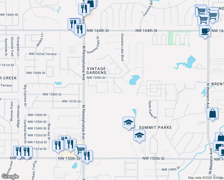 map of restaurants, bars, coffee shops, grocery stores, and more near 1832 Northwest 157th Street in Edmond