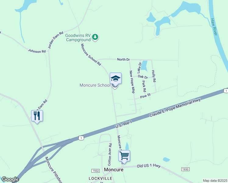 map of restaurants, bars, coffee shops, grocery stores, and more near 600 Moncure School Road in Moncure