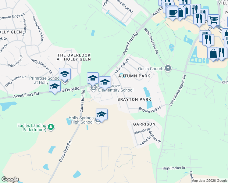 map of restaurants, bars, coffee shops, grocery stores, and more near 148 Cline Falls Drive in Holly Springs