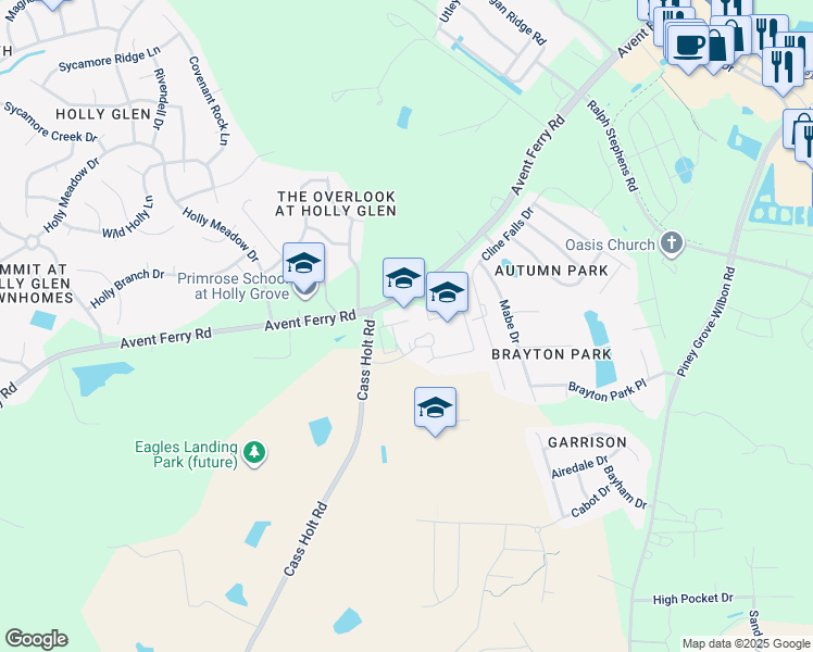 map of restaurants, bars, coffee shops, grocery stores, and more near in Holly Springs