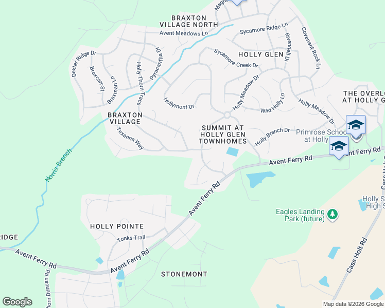 map of restaurants, bars, coffee shops, grocery stores, and more near 305 Texanna Way in Holly Springs