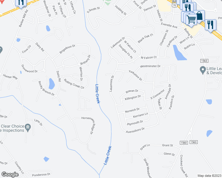 map of restaurants, bars, coffee shops, grocery stores, and more near Lakemont Road in Clayton