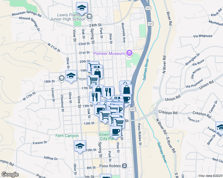 map of restaurants, bars, coffee shops, grocery stores, and more near 829 16th Street in Paso Robles
