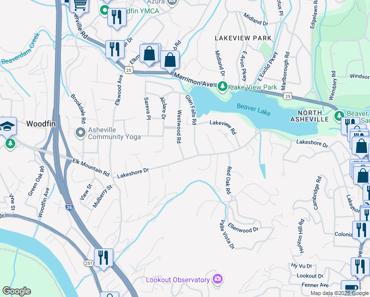 map of restaurants, bars, coffee shops, grocery stores, and more near 444 Lakeshore Drive in Asheville