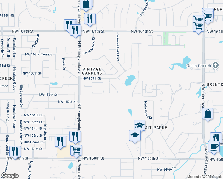 map of restaurants, bars, coffee shops, grocery stores, and more near 1832 Northwest 157th Street in Edmond