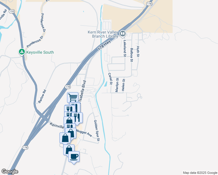 map of restaurants, bars, coffee shops, grocery stores, and more near 4013 Canal Street in Lake Isabella