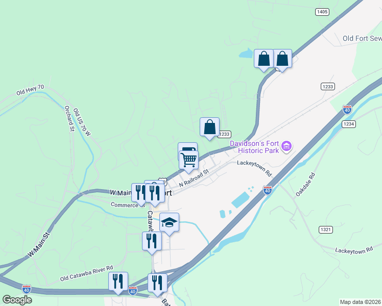 map of restaurants, bars, coffee shops, grocery stores, and more near 236 East Main Street in Old Fort