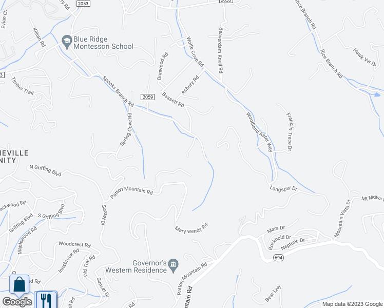 map of restaurants, bars, coffee shops, grocery stores, and more near 33 Spooks Mill Cove in Asheville