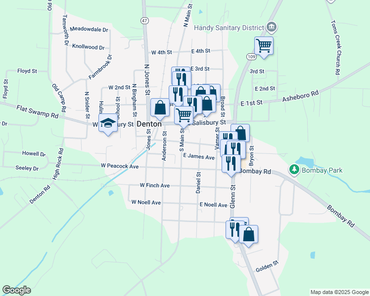 map of restaurants, bars, coffee shops, grocery stores, and more near 111 South Main Street in Denton