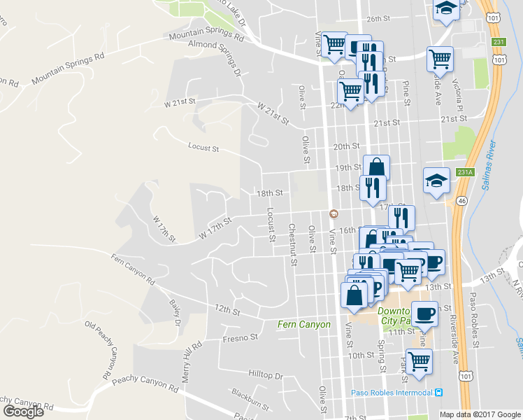 map of restaurants, bars, coffee shops, grocery stores, and more near 117 17th Street in Paso Robles