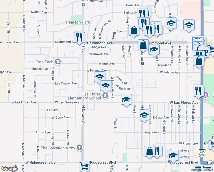 map of restaurants, bars, coffee shops, grocery stores, and more near 715 Trisha Court in Ridgecrest