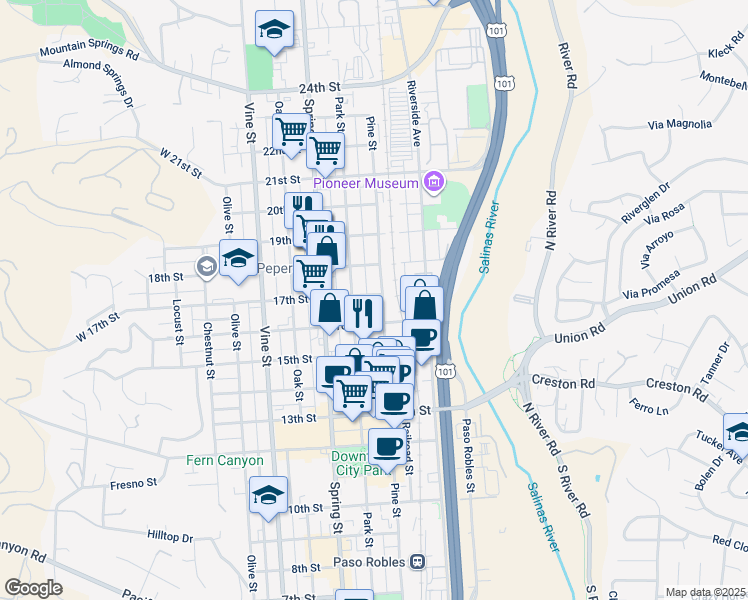 map of restaurants, bars, coffee shops, grocery stores, and more near 1722 Park Street in Paso Robles
