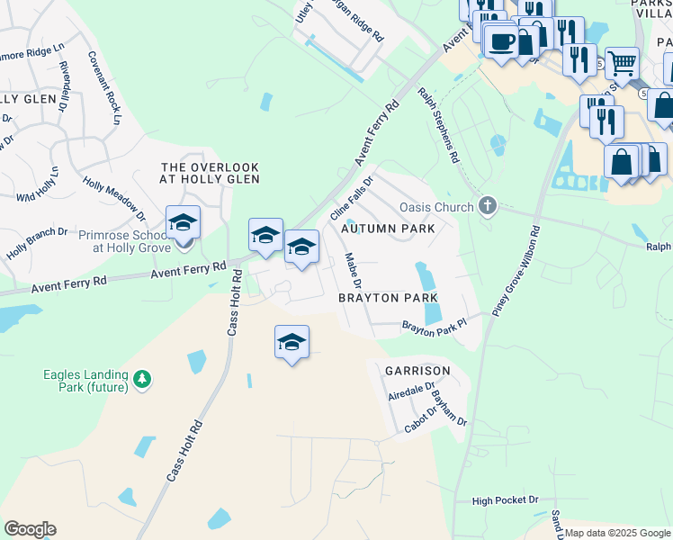 map of restaurants, bars, coffee shops, grocery stores, and more near 201 Cline Falls Drive in Holly Springs
