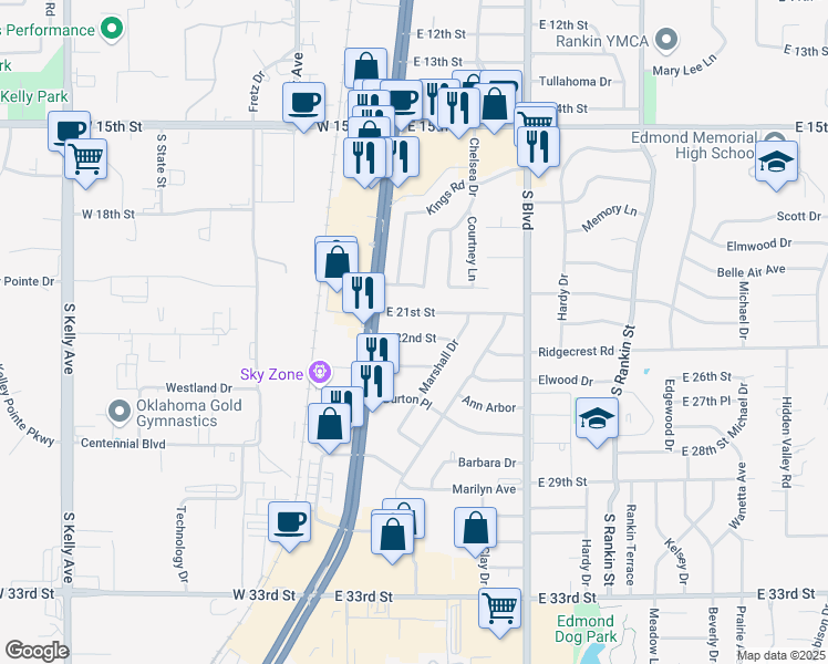 map of restaurants, bars, coffee shops, grocery stores, and more near 23 East 22nd Street in Edmond