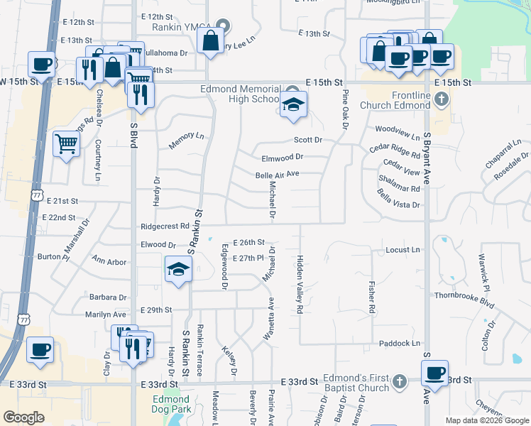 map of restaurants, bars, coffee shops, grocery stores, and more near 1921 Michael Drive in Edmond