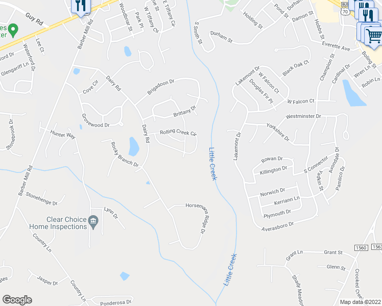 map of restaurants, bars, coffee shops, grocery stores, and more near 567 Rolling Creek Circle in Clayton