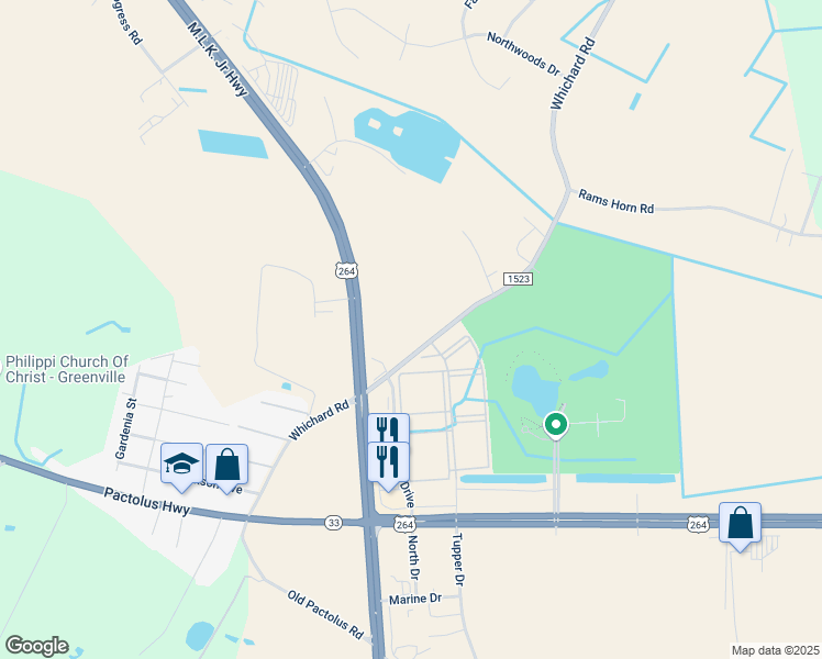 map of restaurants, bars, coffee shops, grocery stores, and more near 3611 Whichard Road in Greenville