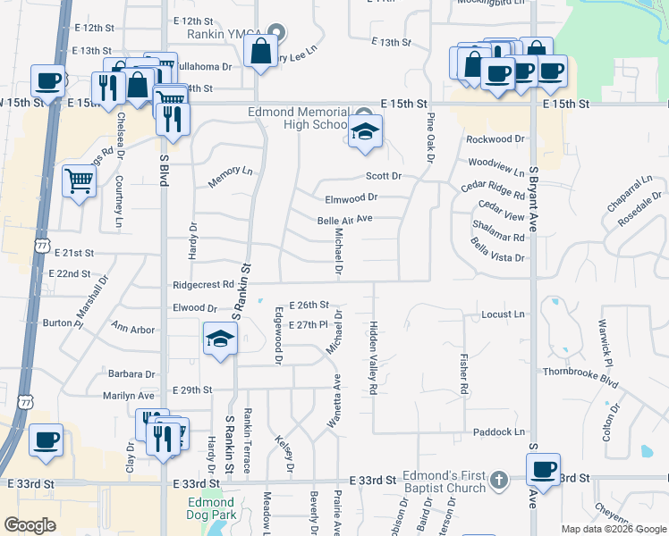 map of restaurants, bars, coffee shops, grocery stores, and more near 1921 Michael Drive in Edmond