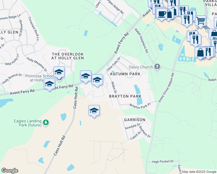 map of restaurants, bars, coffee shops, grocery stores, and more near 217 Cline Falls Drive in Holly Springs