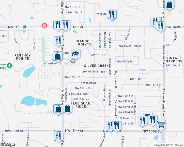 map of restaurants, bars, coffee shops, grocery stores, and more near 2625 Northwest 160th Terrace in Edmond