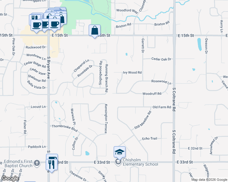 map of restaurants, bars, coffee shops, grocery stores, and more near 2004 Running Branch Road in Edmond